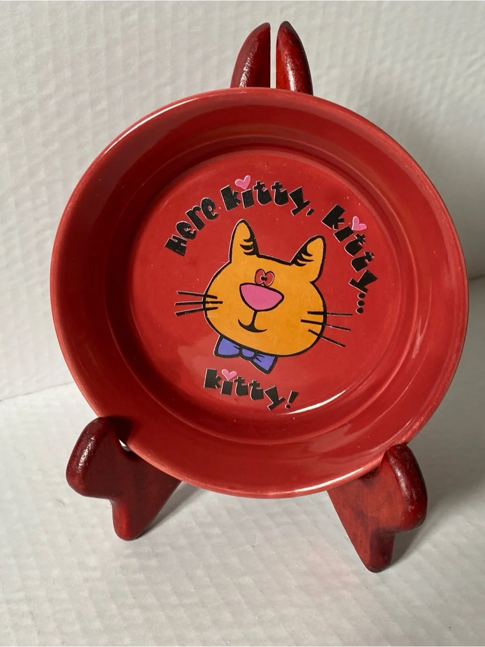 Cute whimsical Red and White Ceramic Cat Feeding Bowls with Cute Kitty Prints